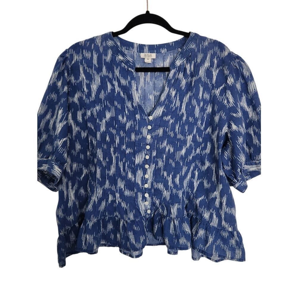 a.n.a A New Approach Blue Patterned Button-Front Puff Sleeve V-neck Top Size XXL